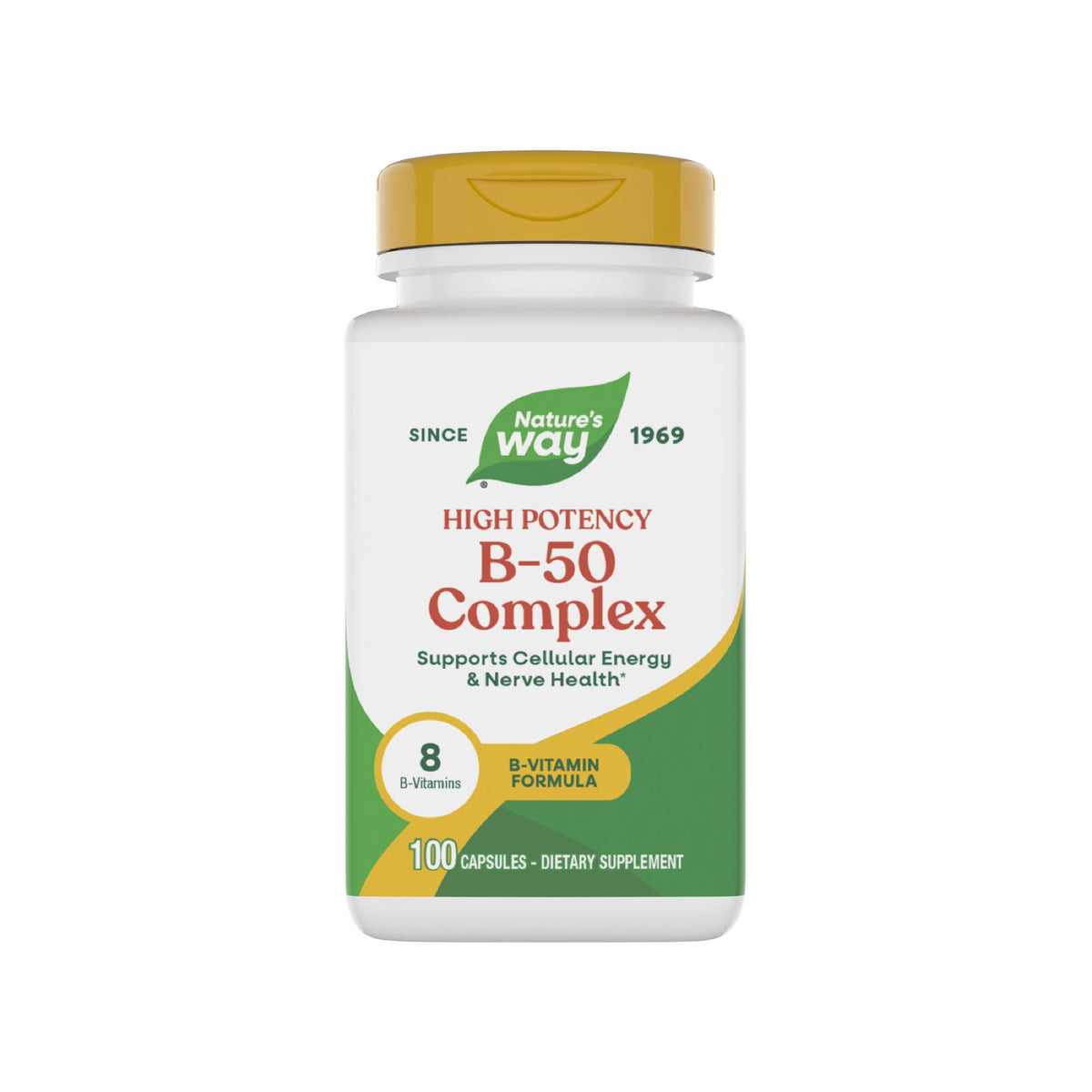 Nature's Way B-50 Complex bottle front view highlighting energy-supporting vitamins