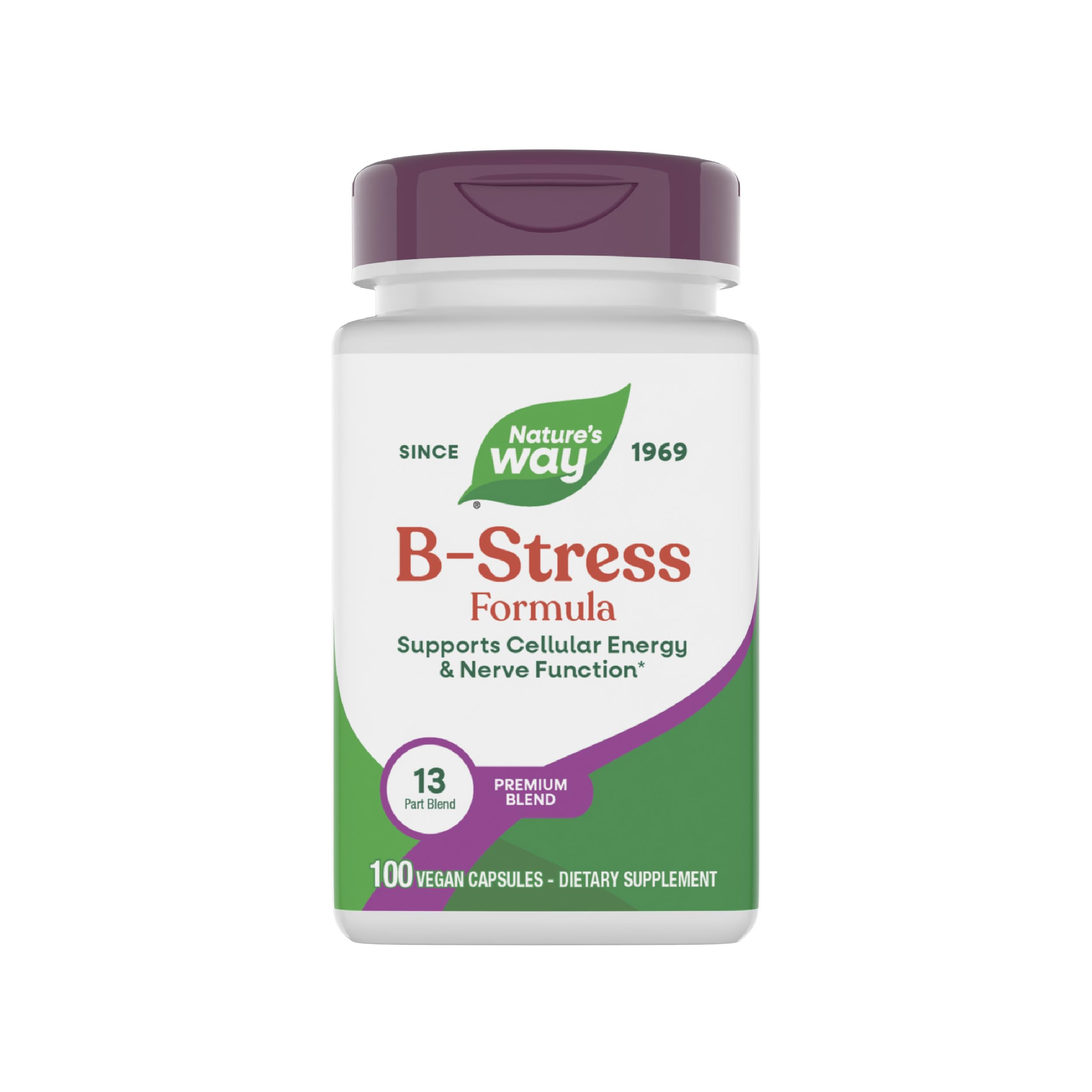 Nature's Way B-Stress bottle hero image showing vegan capsules for daily energy support.