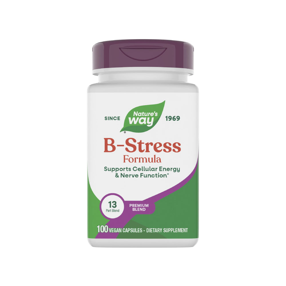 Nature's Way B-Stress bottle hero image showing vegan capsules for daily energy support.