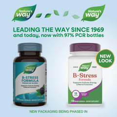 Nature's Way B-Stress capsules closeup highlighting easy-to-take vegan formulation.