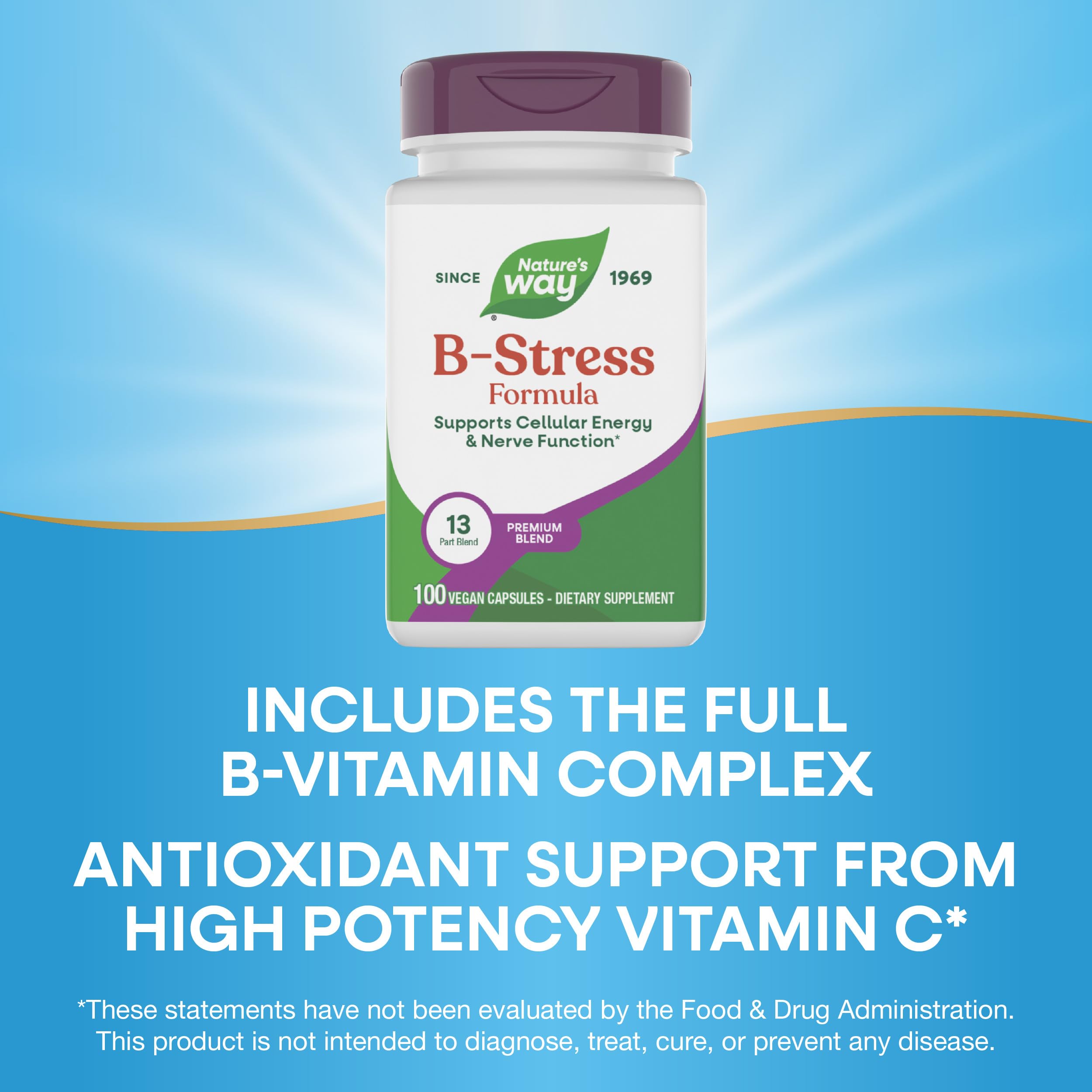 Nature's Way B-Stress gluten-free vegan form suitable for sensitive diets.