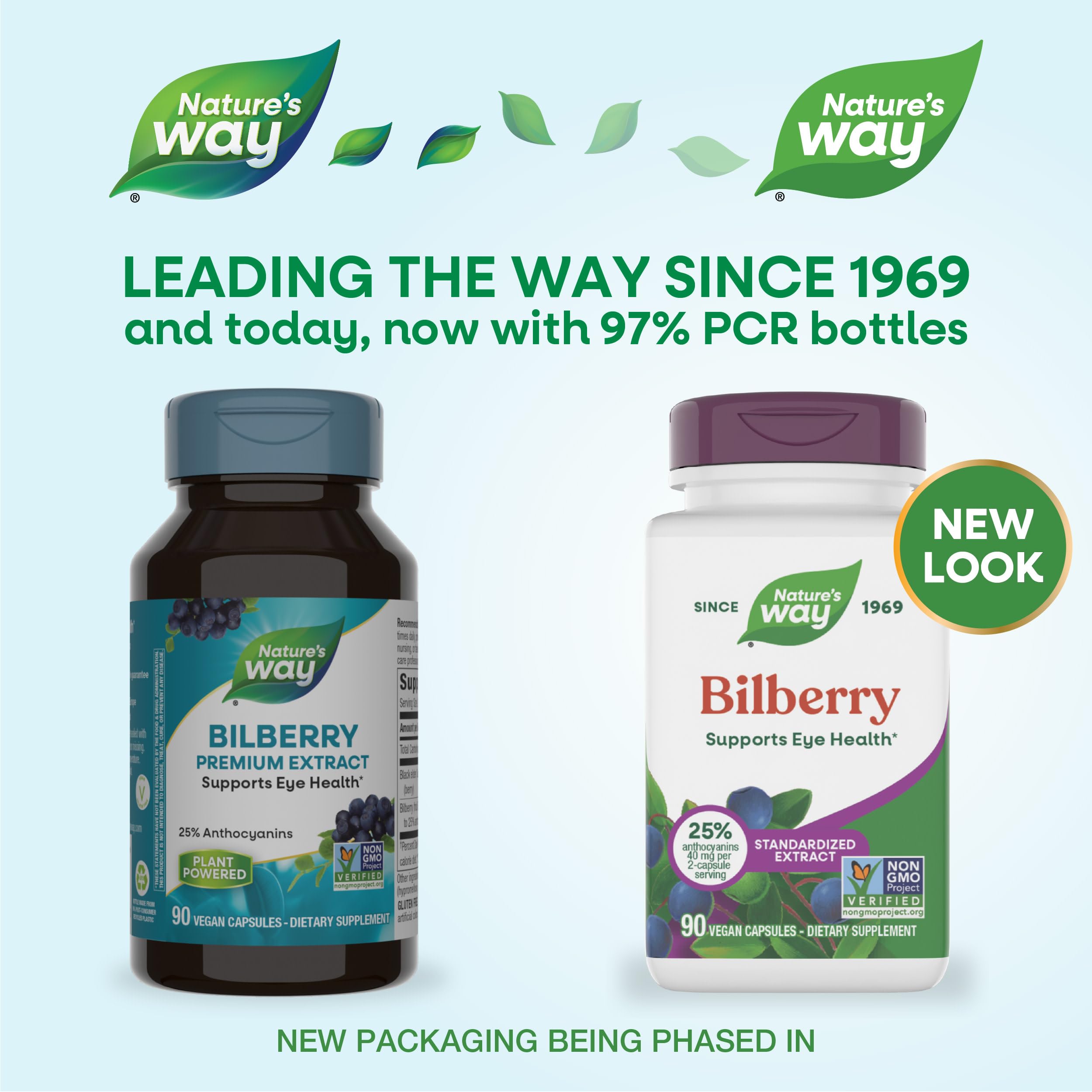 Nature's Way Bilberry Premium Extract label highlights 25% anthocyanins.