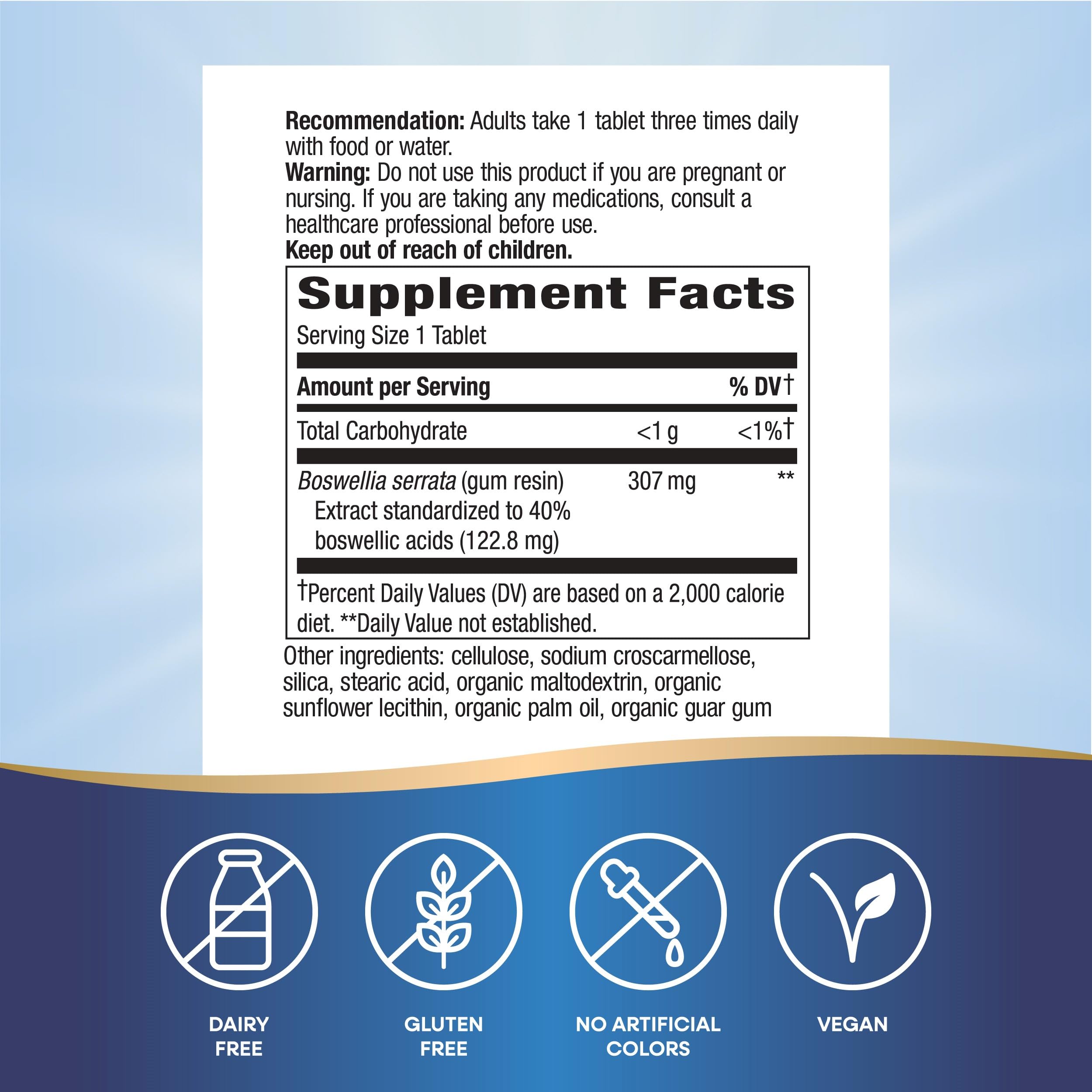 Nature's Way Boswellia Premium Extract label closeup showing 65 percent boswellic acids