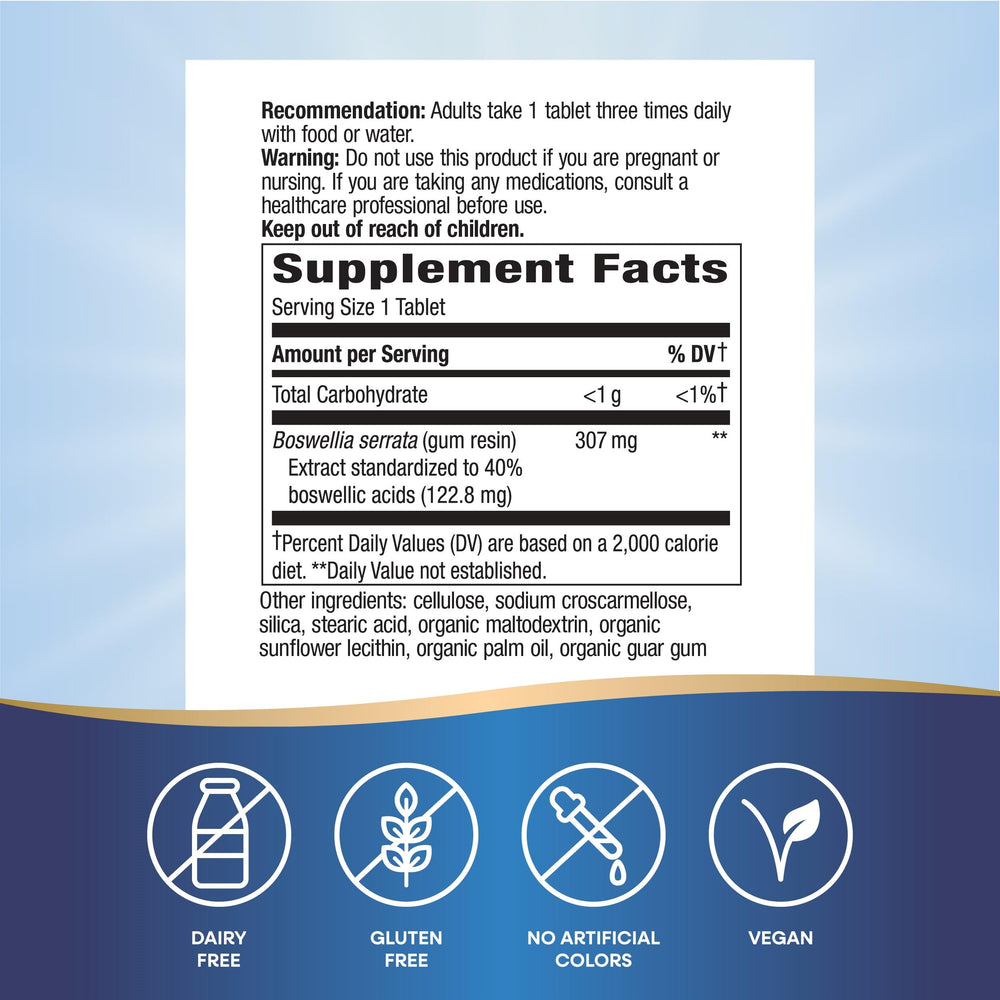 Nature's Way Boswellia Premium Extract label closeup showing 65 percent boswellic acids