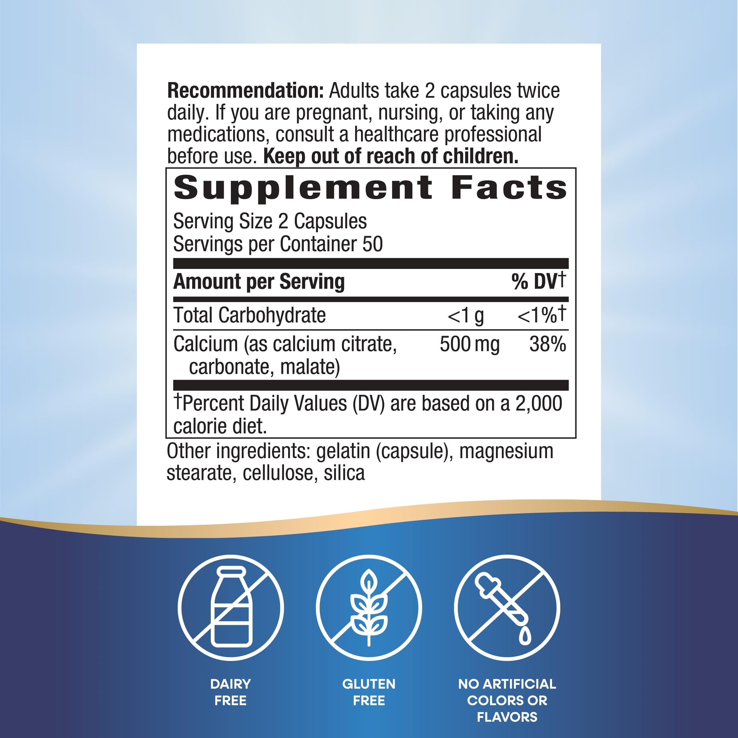 Nature's Way calcium carbonate and malate bottle shows versatile calcium forms for teeth support.