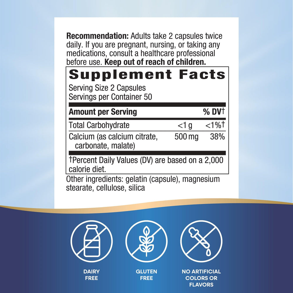 Nature's Way calcium carbonate and malate bottle shows versatile calcium forms for teeth support.