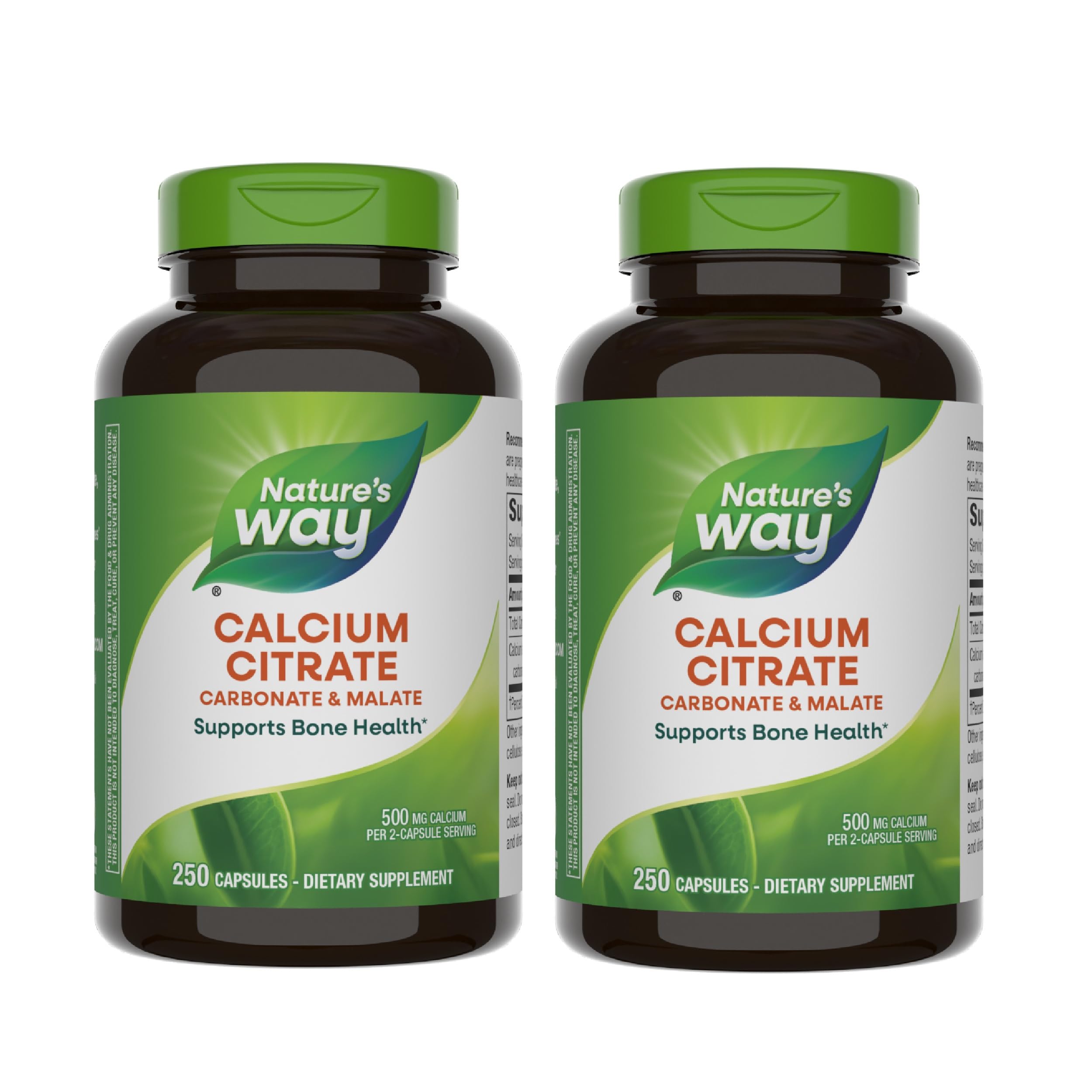 Nature's Way Calcium Citrate bottle highlights 500 mg per 2-capsule serving for bone support