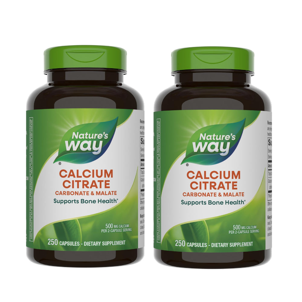 Nature's Way Calcium Citrate bottle highlights 500 mg per 2-capsule serving for bone support