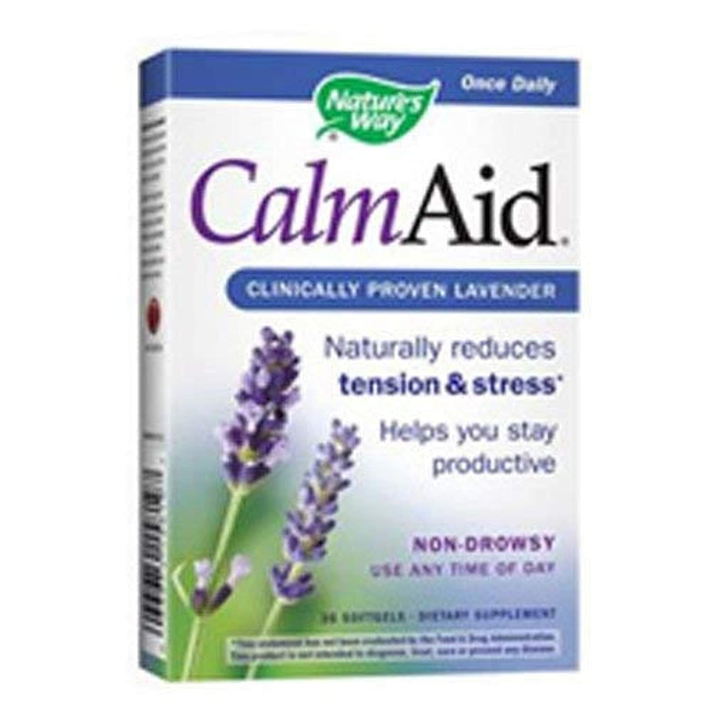 Nature's Way CalmAid lavender softgel bottle for daily calm and relaxation.