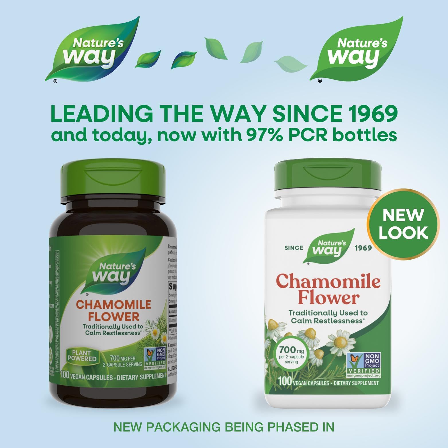 Nature's Way chamomile bottle in daily-use setting, convenient two-capsule serving.