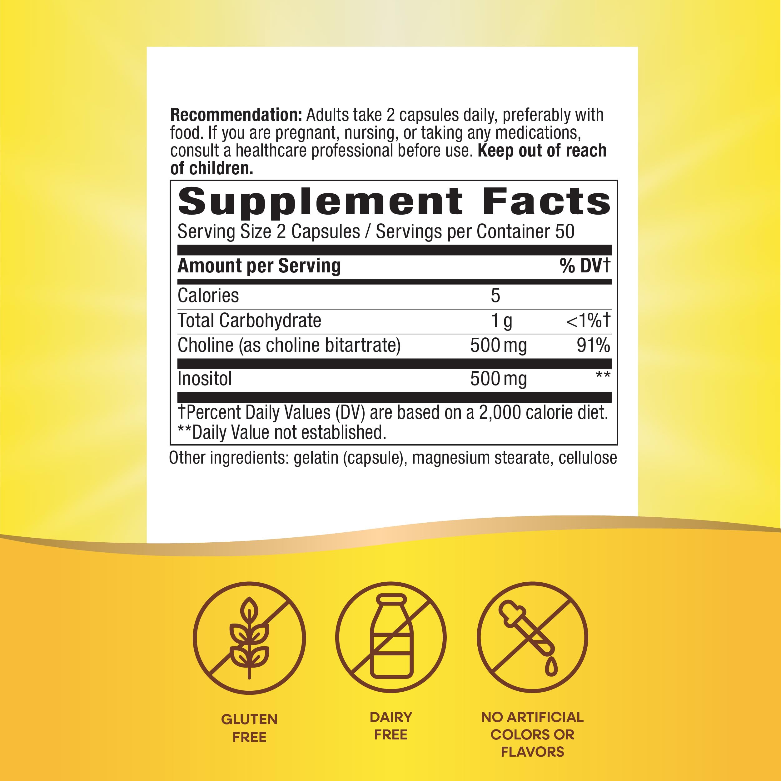 Close-up of Nature's Way Choline & Inositol capsules, easy daily dose for cellular membrane support.