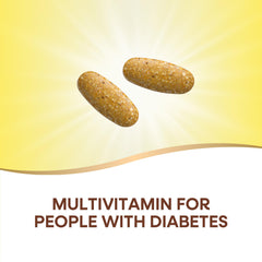 Close-up of the Completia Diabetic Multivitamin label highlighting iron-free formula