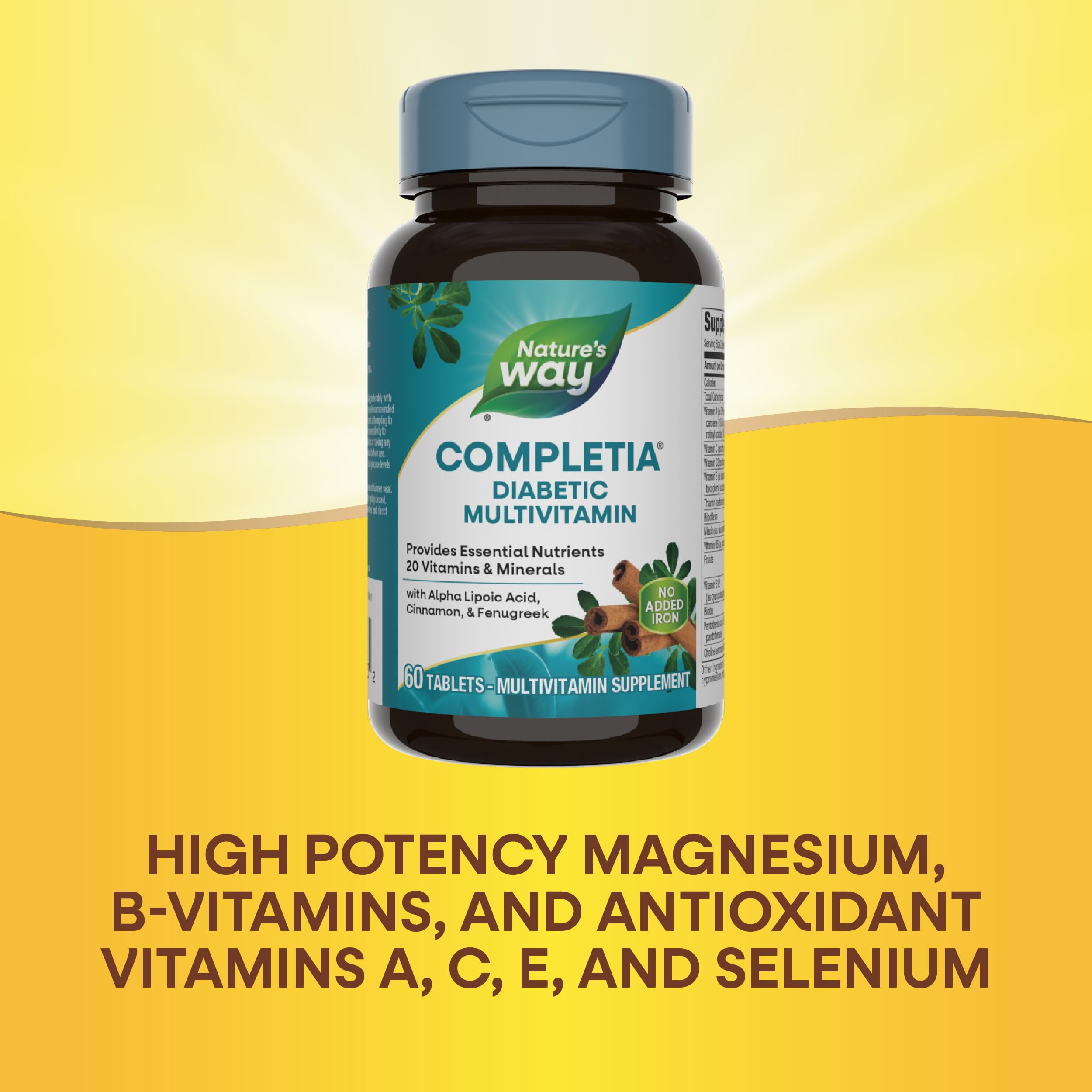 Two tablets shown to illustrate the daily dose of Completia Diabetic Multivitamin
