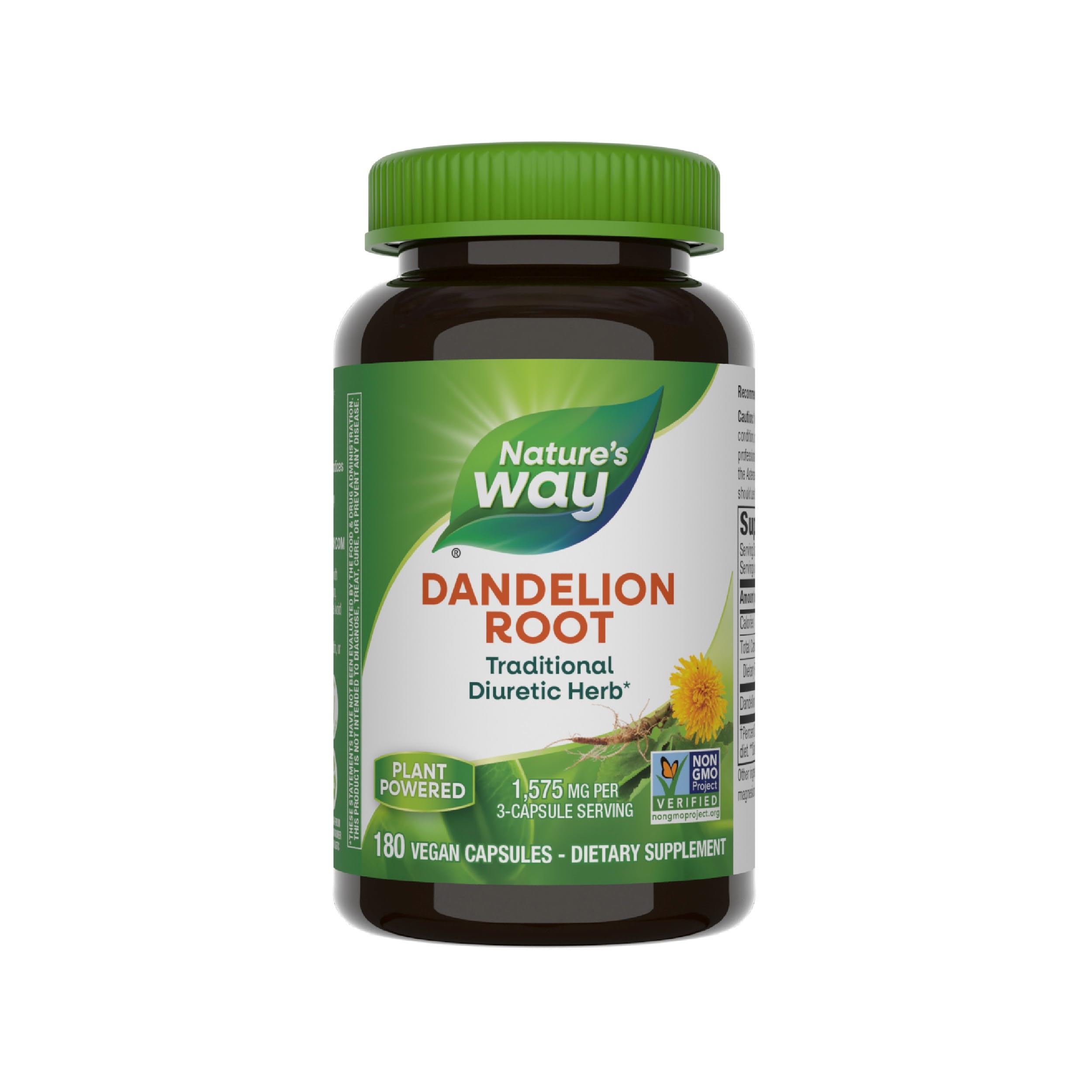Nature's Way Dandelion Root bottle pour; convenient daily capsules.