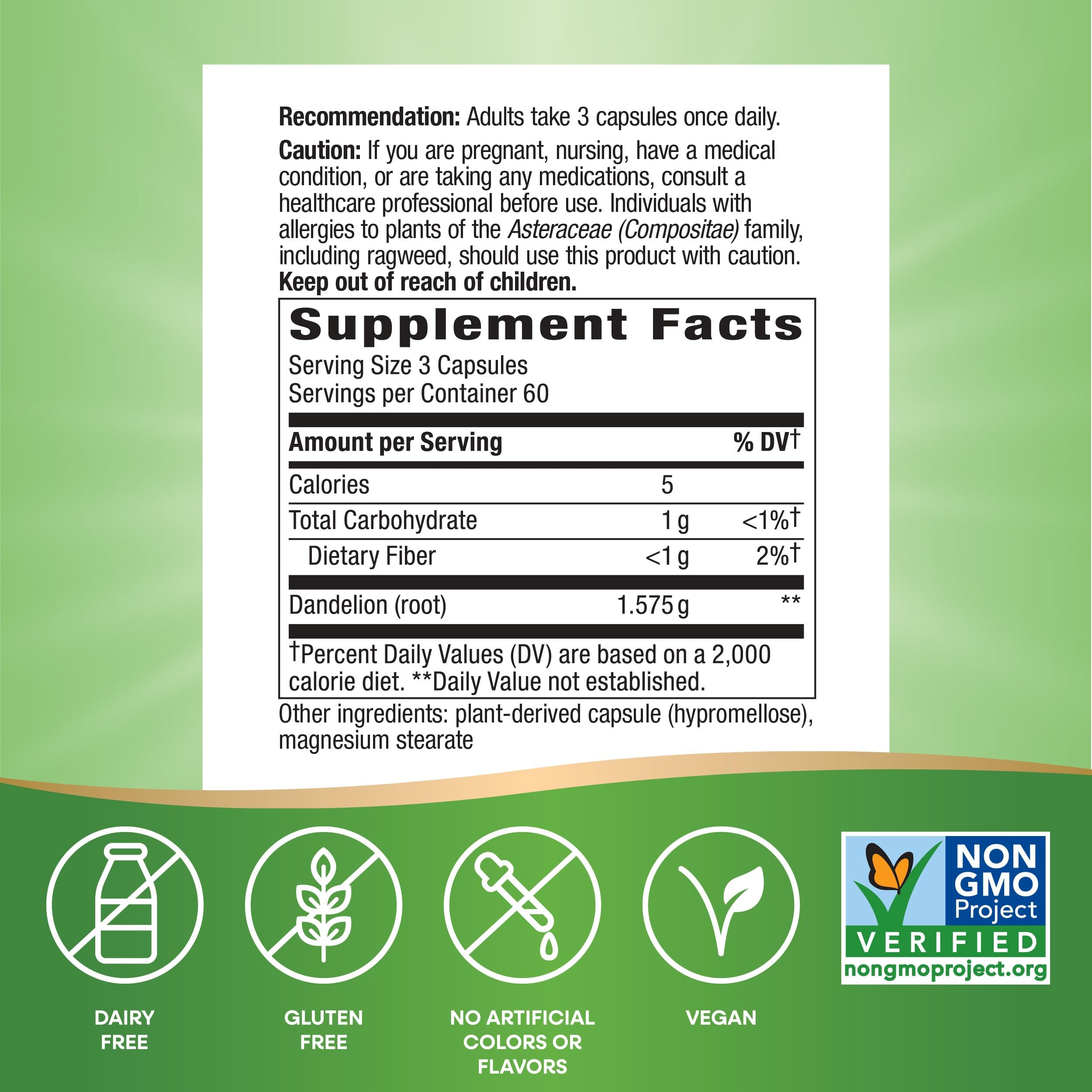 Nature's Way Dandelion Root capsules closeup; plant-based wellness.