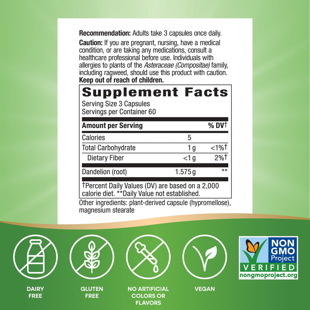 Nature's Way Dandelion Root capsules closeup; plant-based wellness.