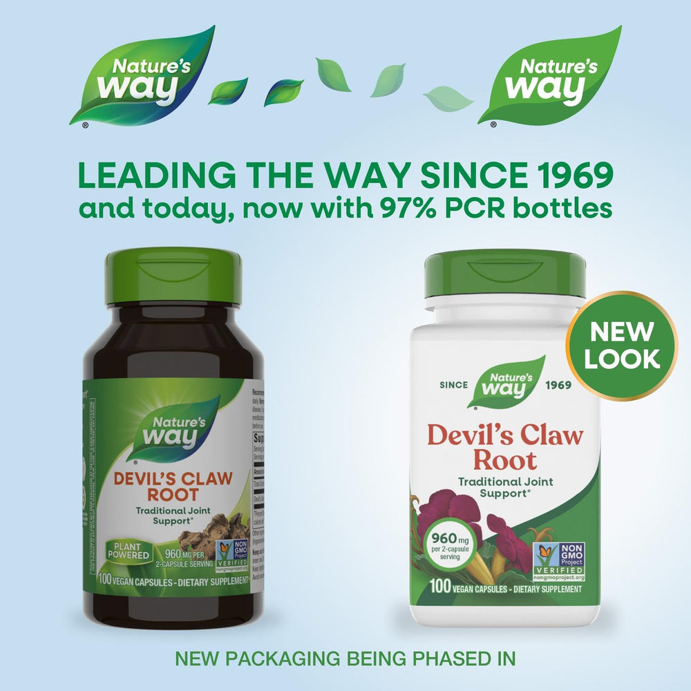 Nature's Way Devil's Claw Root capsules showing two-capsule serving size