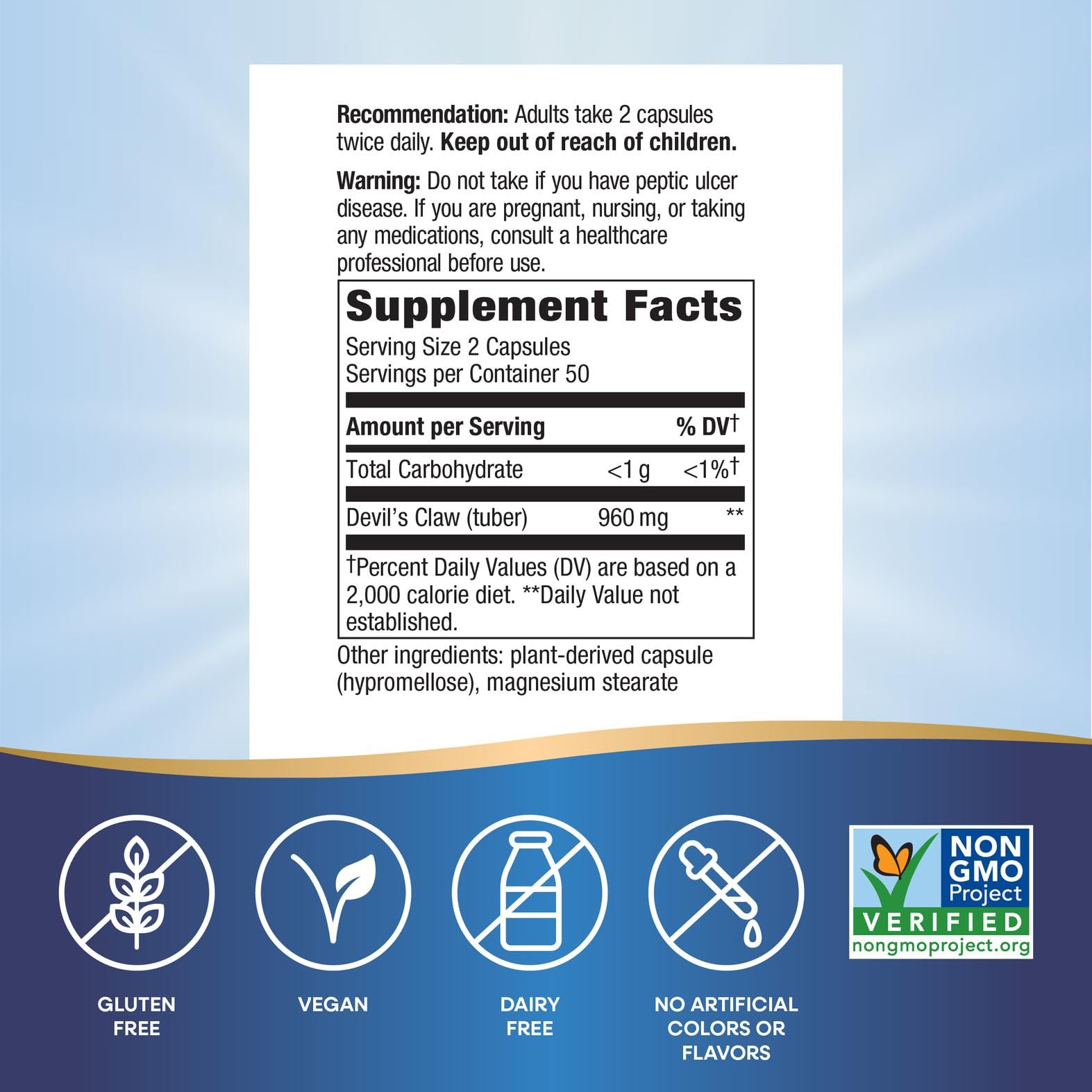 Close-up of Nature's Way Devil's Claw Root label with product details
