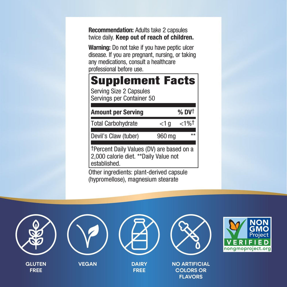 Close-up of Nature's Way Devil's Claw Root label with product details