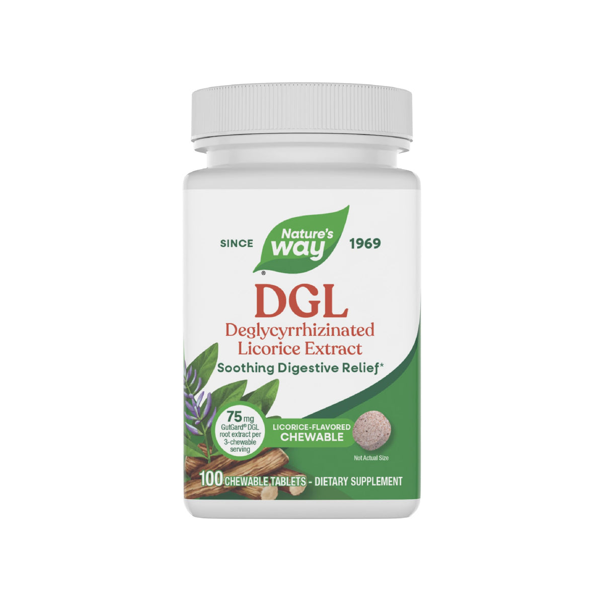 Nature's Way DGL chewable tablets bottle front shows convenient digestive support after meals