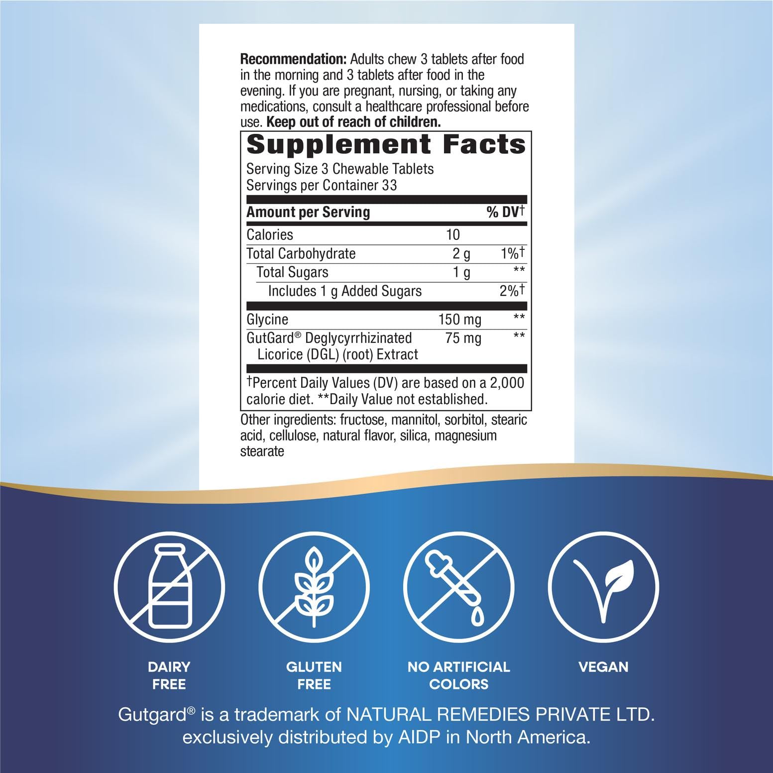 Nature's Way DGL chewable tablets label detail highlights gluten-free vegan formula