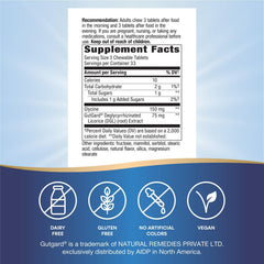 Nature's Way DGL chewable tablets label detail highlights gluten-free vegan formula