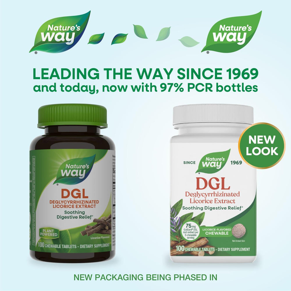 Nature's Way DGL chewable tablets serving size guide for morning and evening use