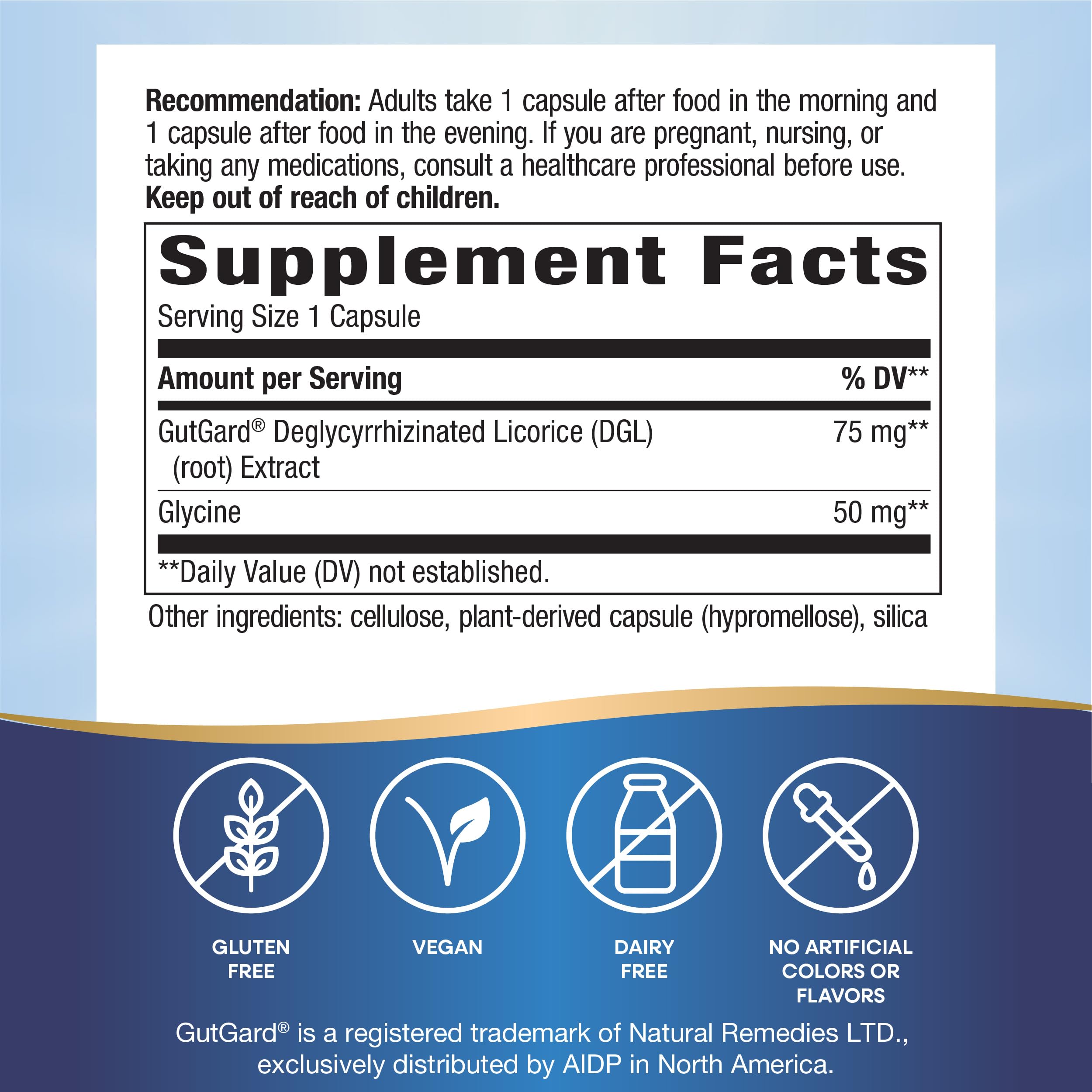 Nature's Way DGL Ultra capsules close-up showing vegan, gluten-free formula.