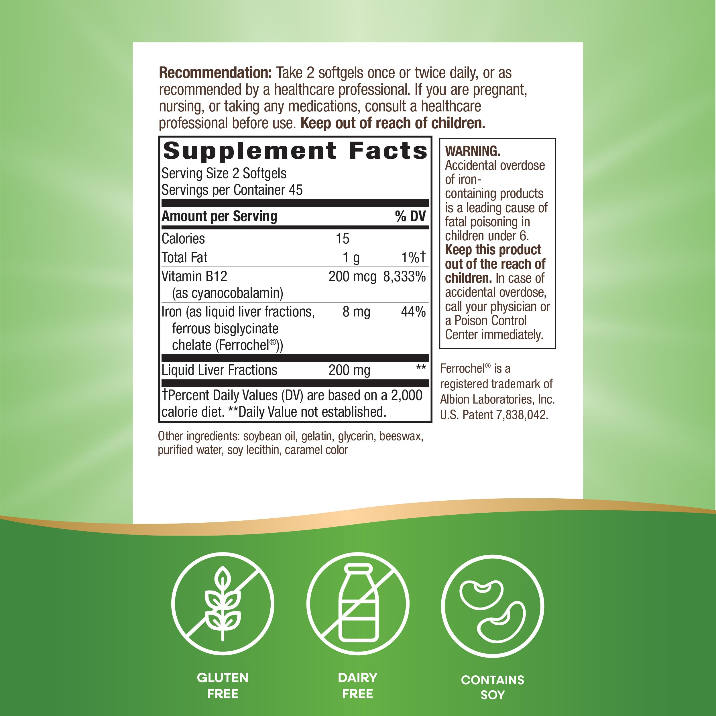 Nature's Way Energizing Iron label closeup shows 8 mg iron and B12 for red blood cells