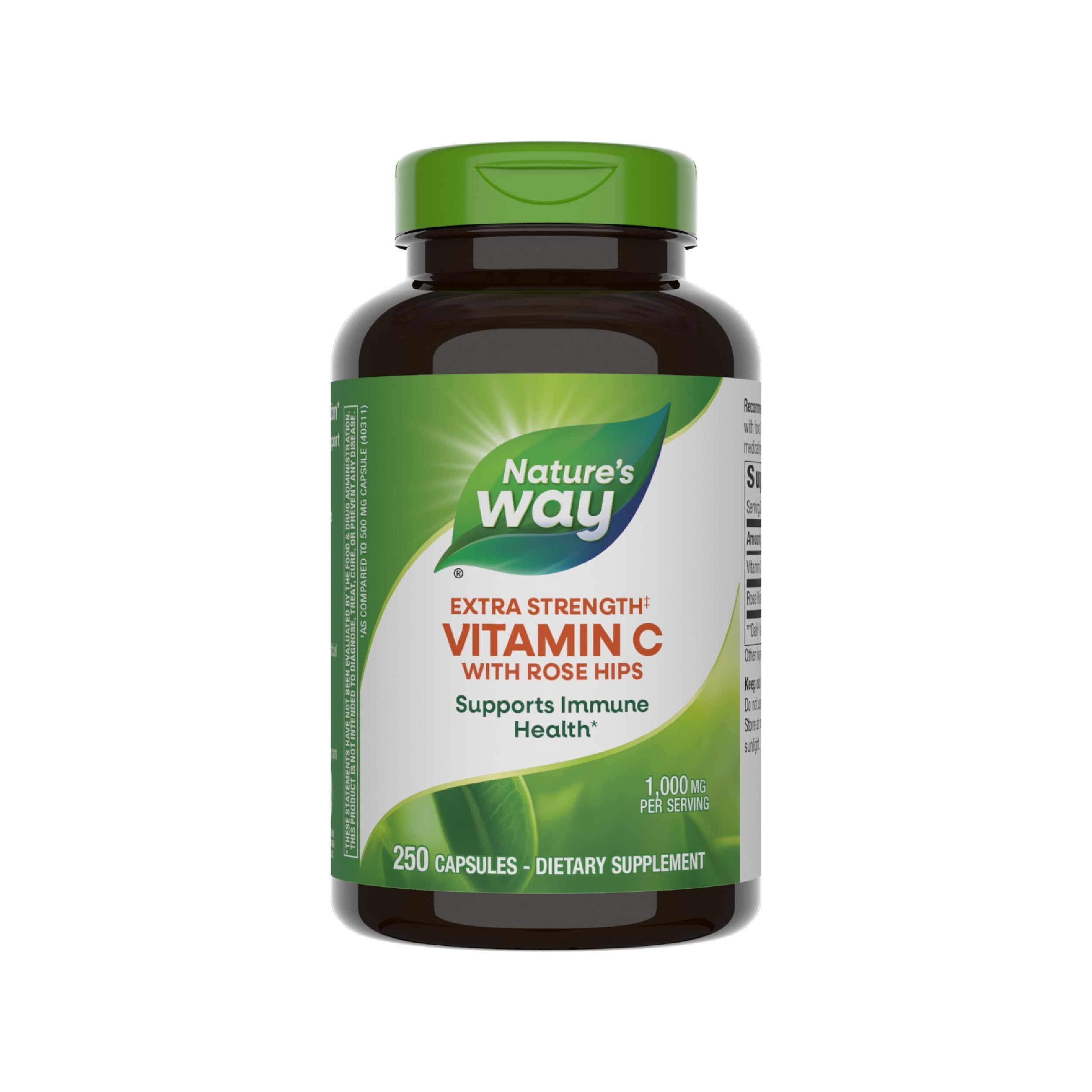 Nature's Way Extra Strength Vitamin C with Rose Hips bottle highlighting immune support.