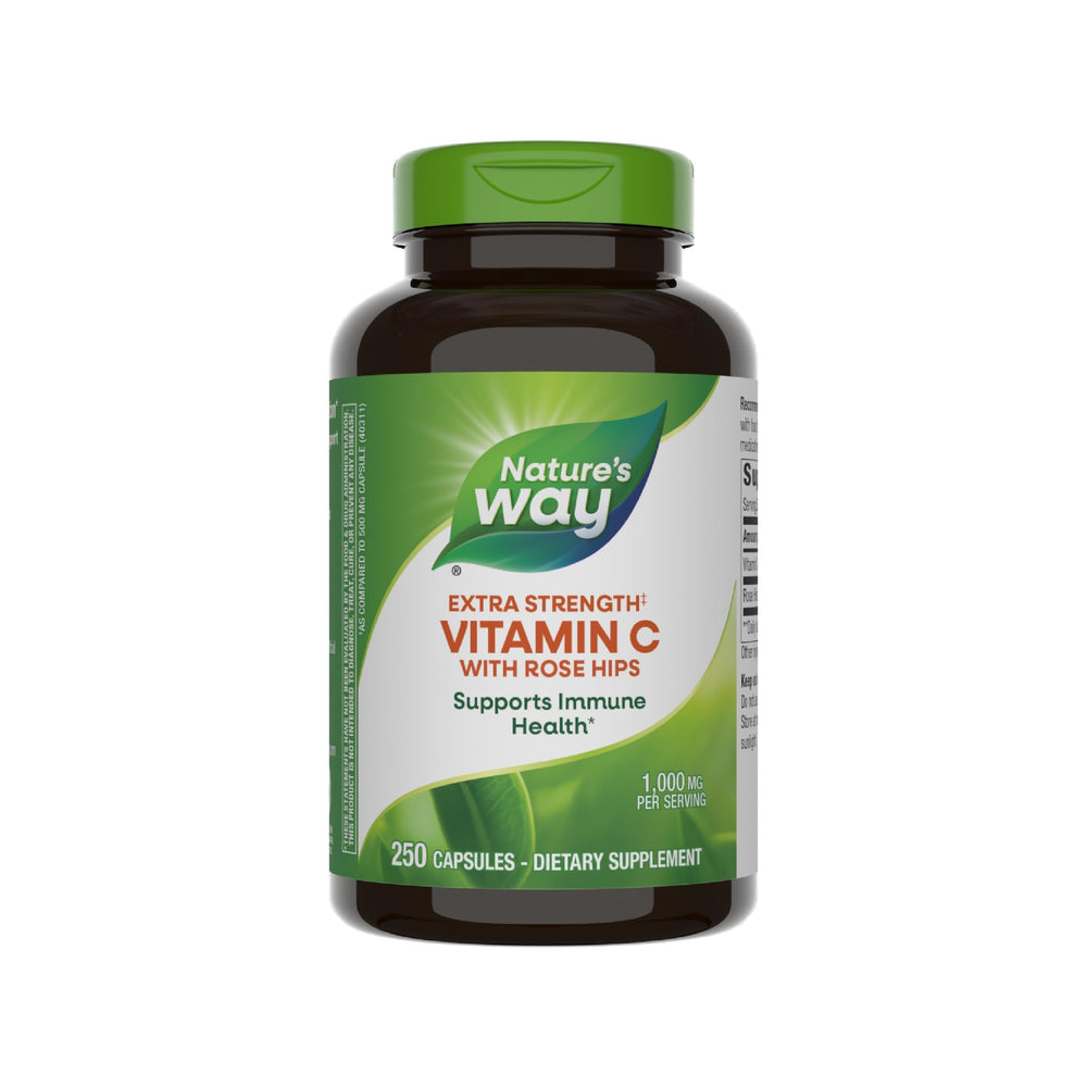 Nature's Way Extra Strength Vitamin C with Rose Hips bottle highlighting immune support.