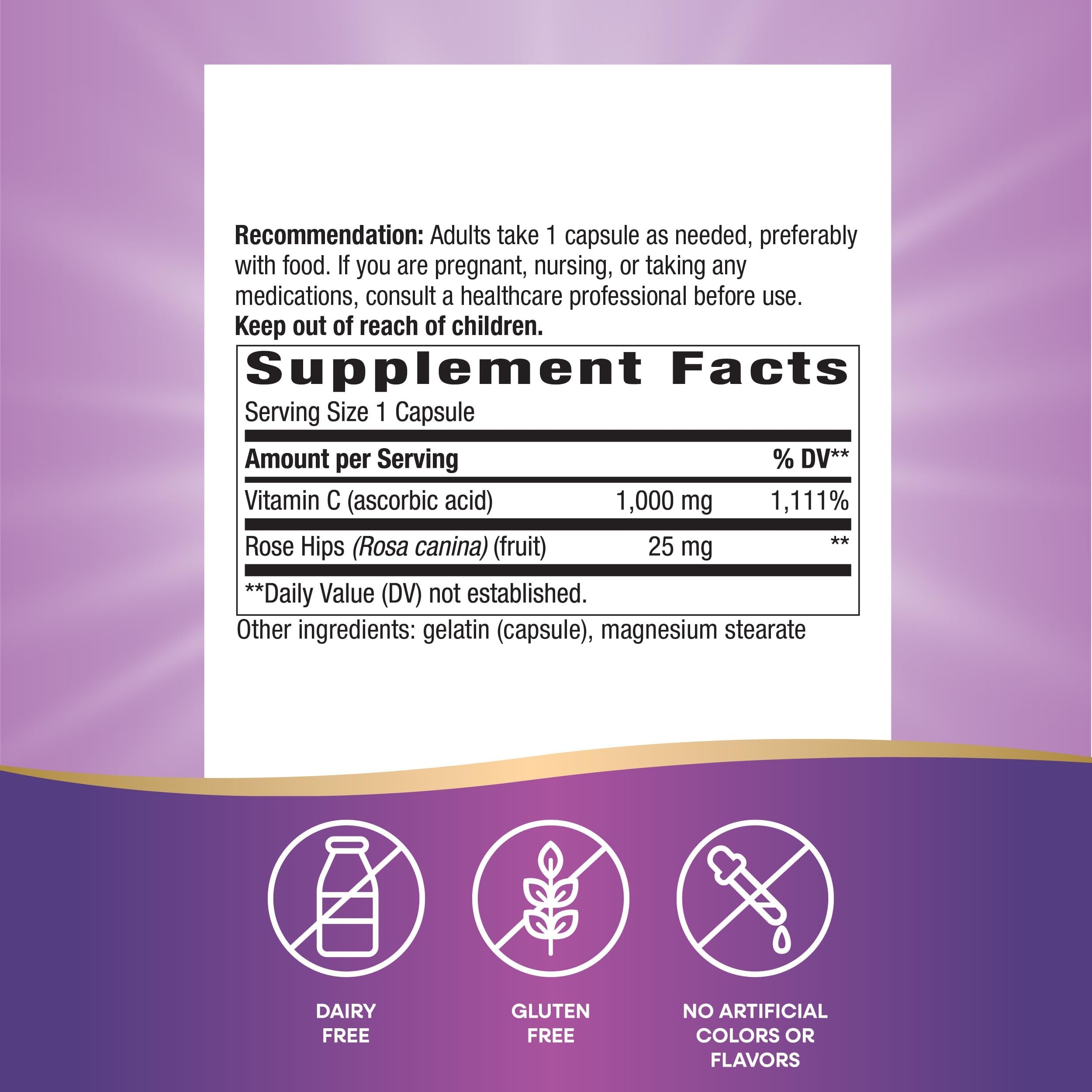Nature's Way Extra Strength Vitamin C with Rose Hips capsules demonstrate high-dose vitamin C convenience.