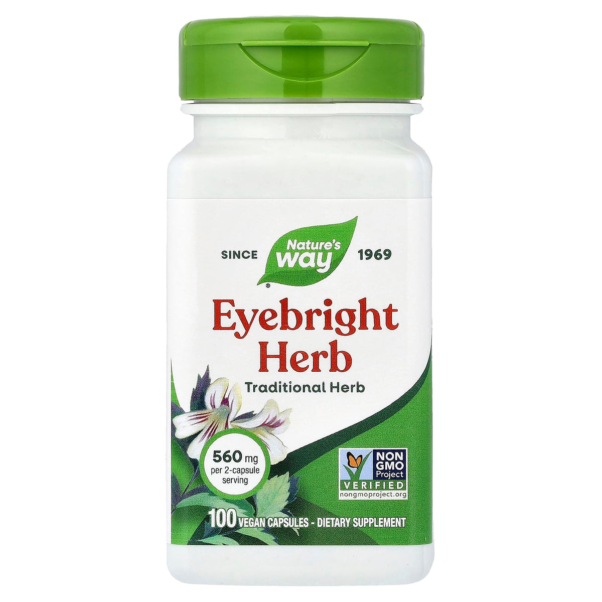 Nature's Way Eyebright bottle showing 860 mg per serving for daily use