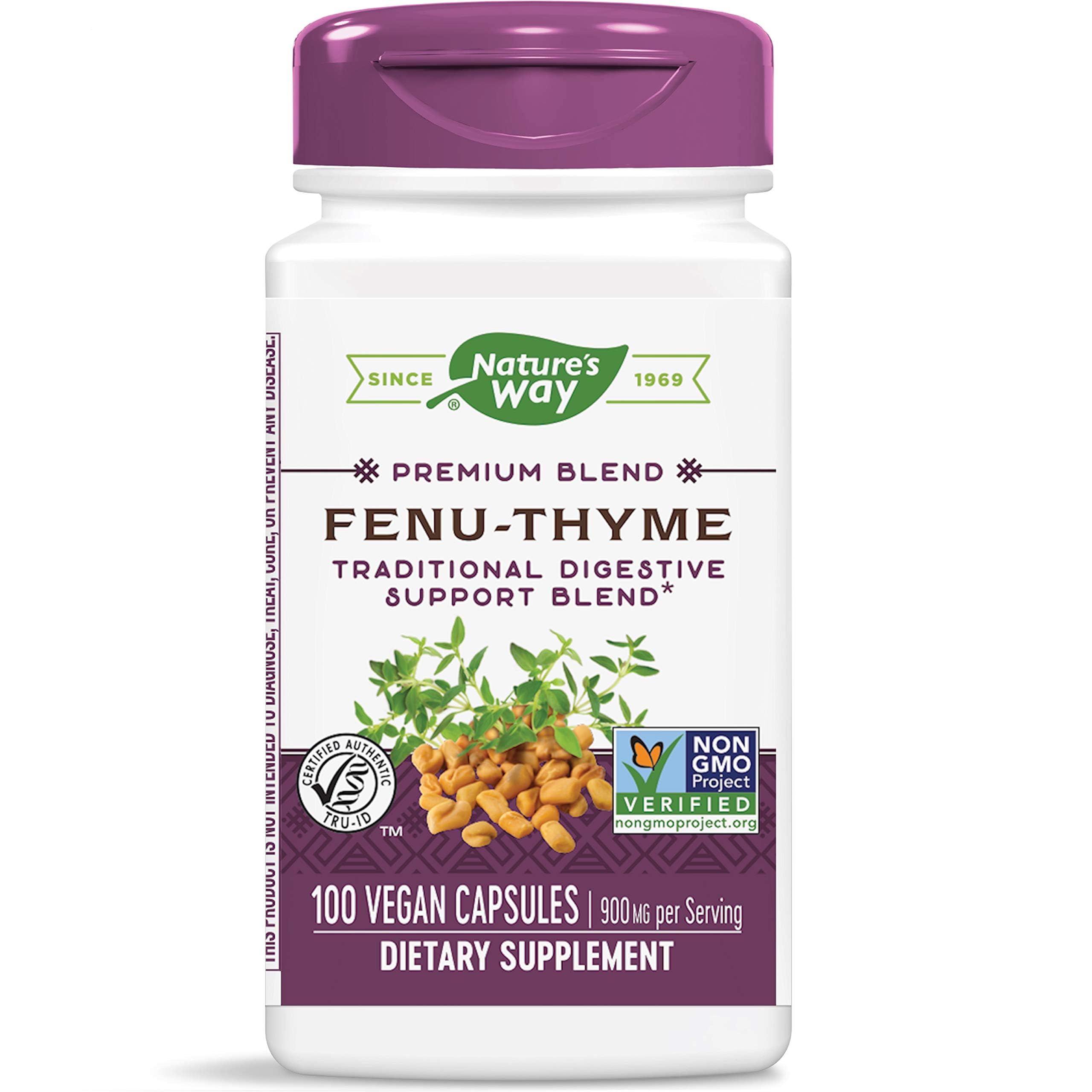 Nature's Way Fenu-Thyme bottle label highlighting fenugreek and thyme for digestive support.