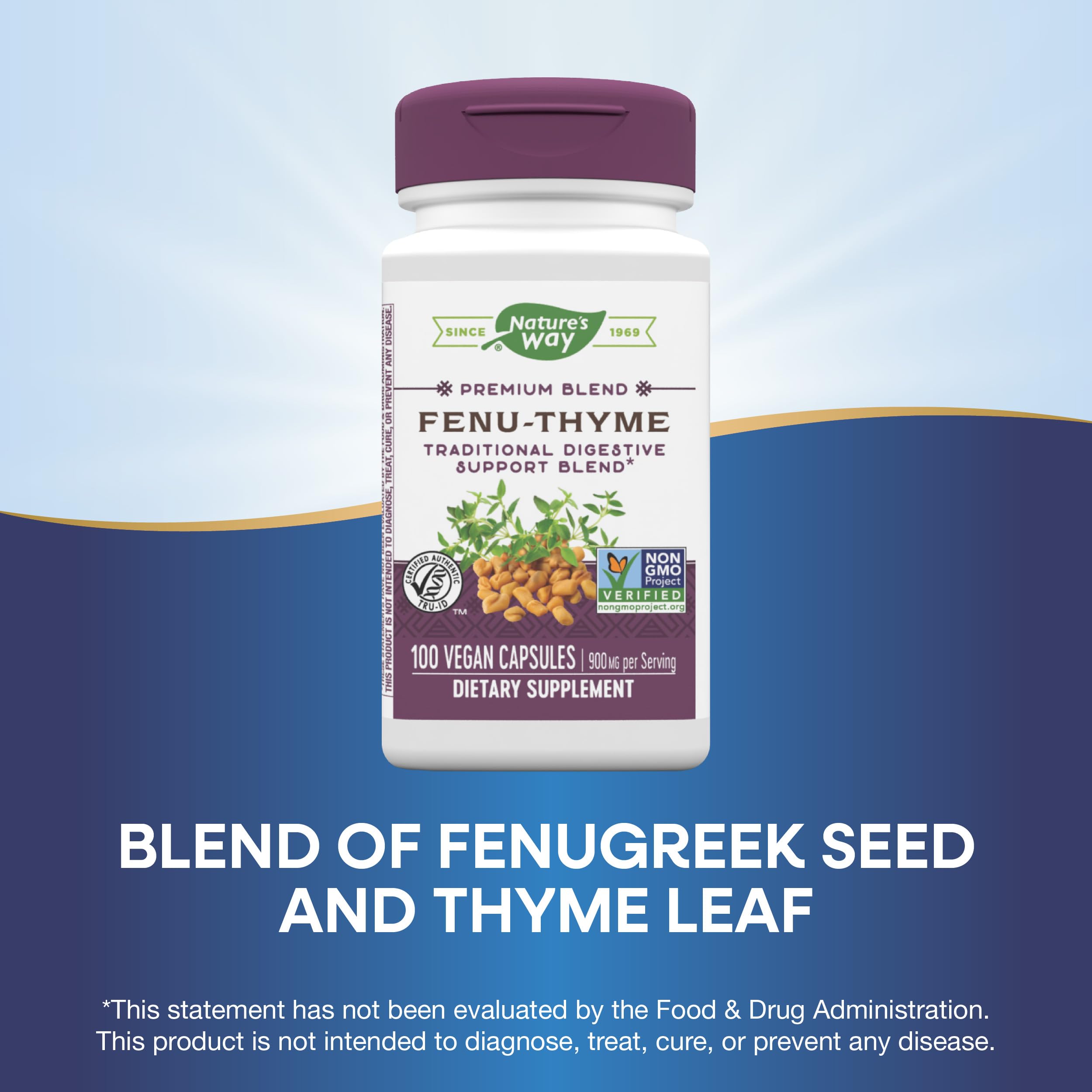 Nature's Way Fenu-Thyme packaging front showing vegan and non-GMO verification.