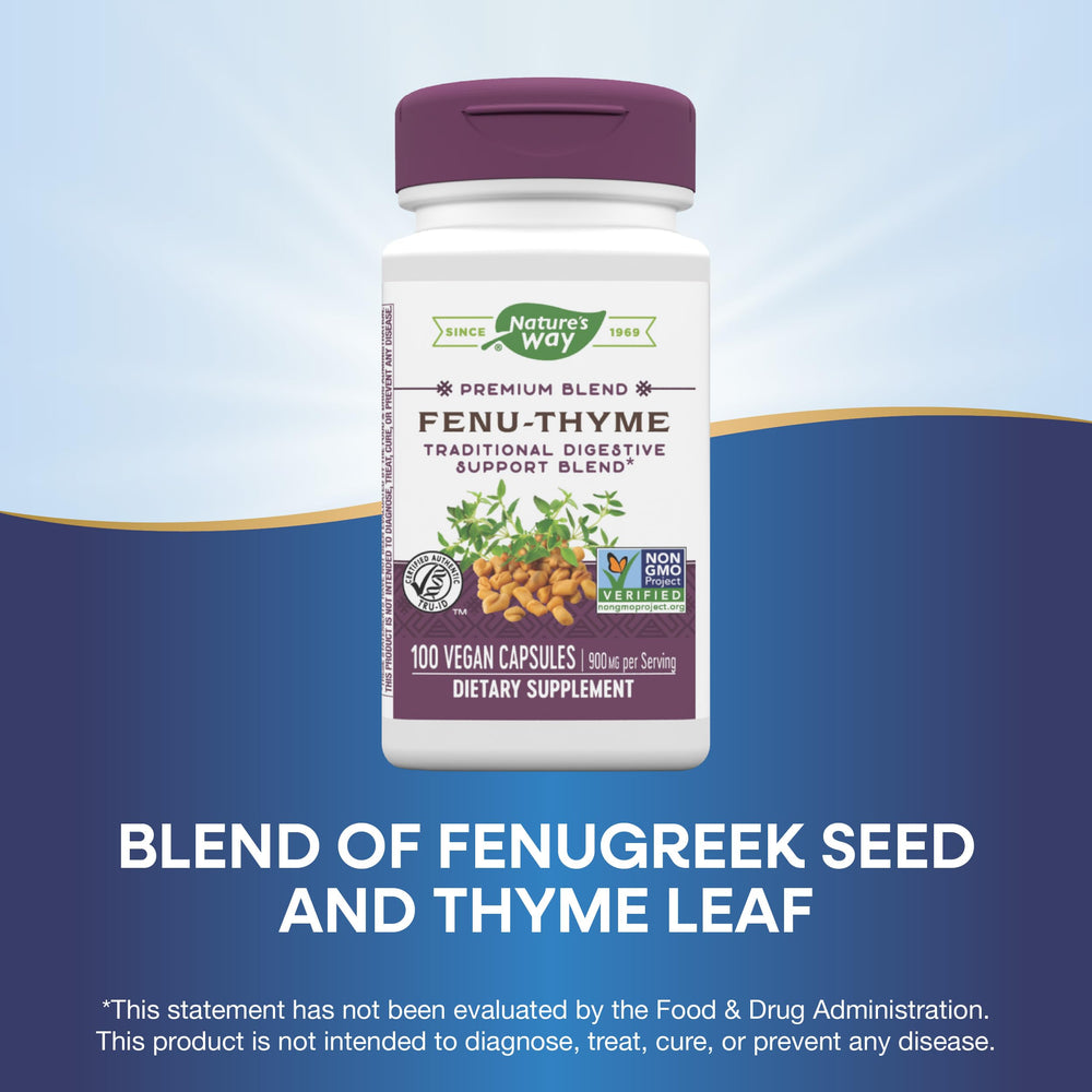 Nature's Way Fenu-Thyme packaging front showing vegan and non-GMO verification.