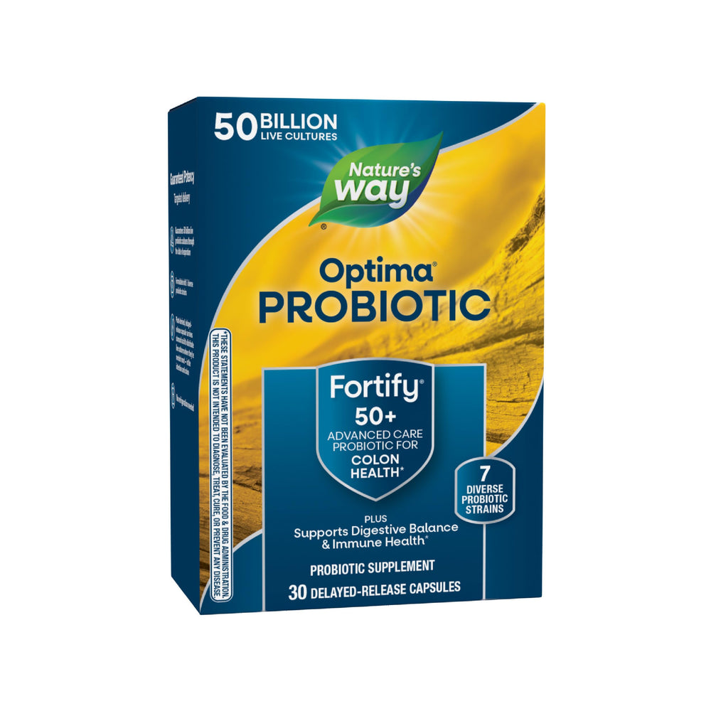 Nature's Way Fortify Optima bottle front showing daily probiotic support for digestion.
