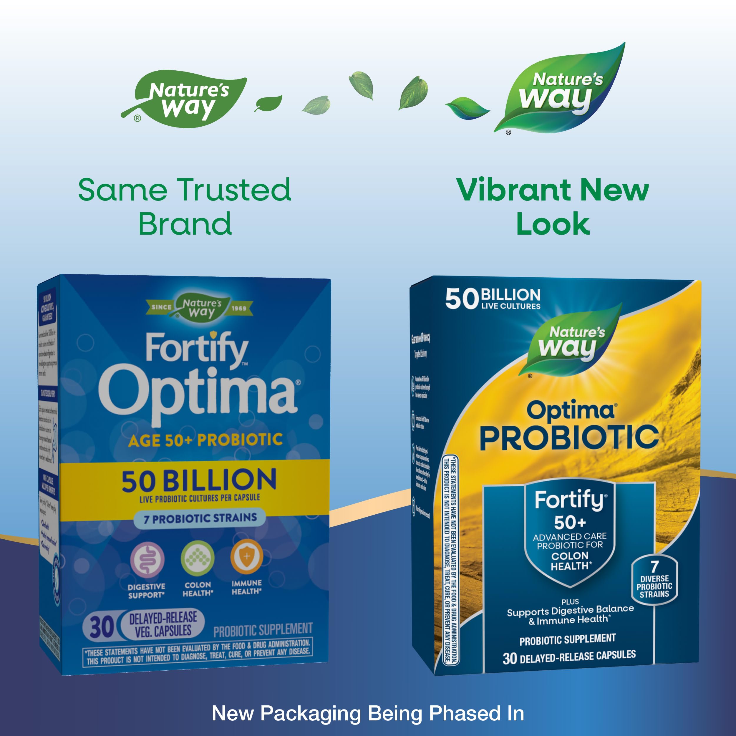 Nature's Way Fortify Optima capsule close-up highlighting 50 billion cultures per dose.