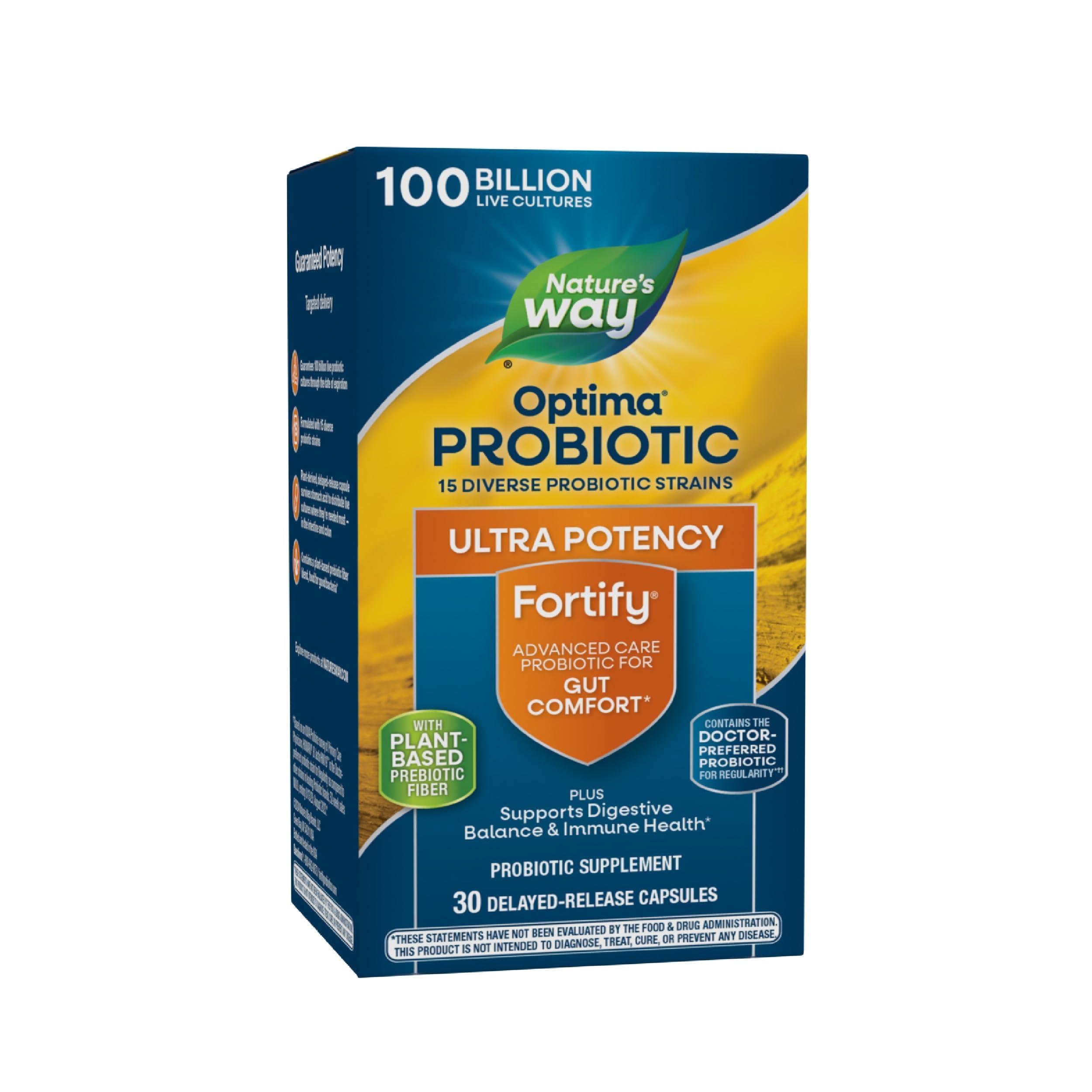 Nature's Way Fortify Optima bottle front shows 100B cultures for digestive support