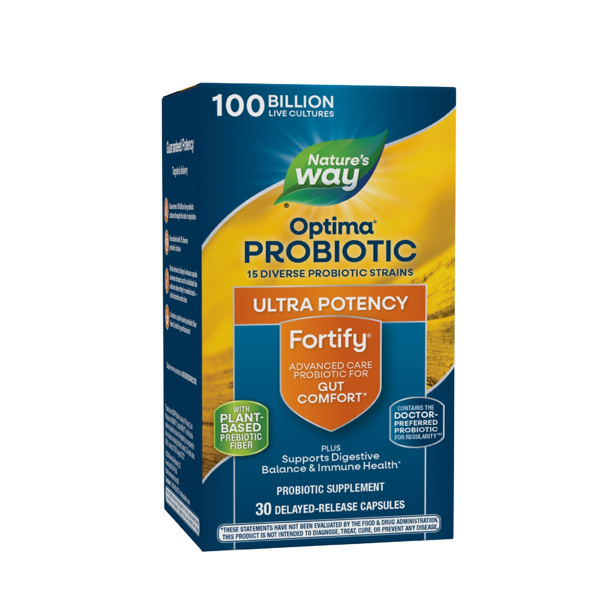 Nature's Way Fortify Optima bottle front shows 100B cultures for digestive support