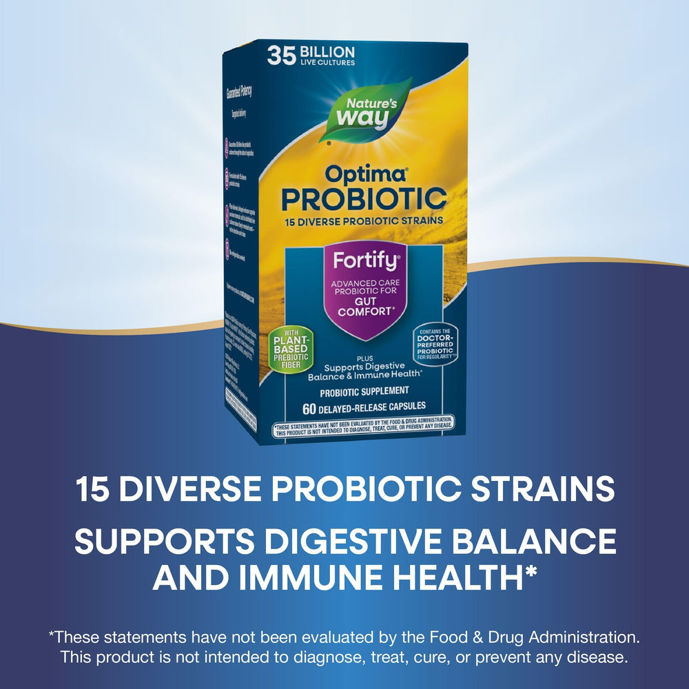 Nature's Way Fortify Optima includes plant-based prebiotics to nourish beneficial bacteria