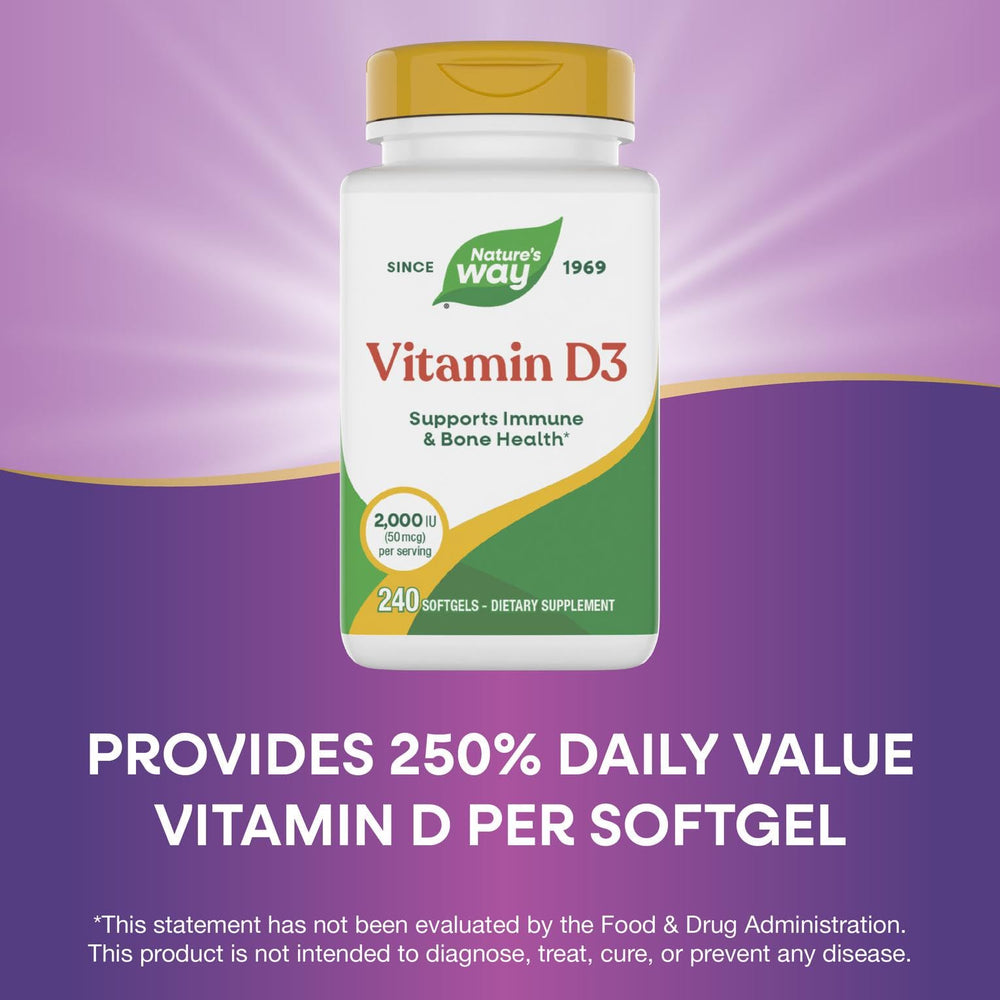 Gluten-free Nature's Way Vitamin D3 softgel bottle packaging.