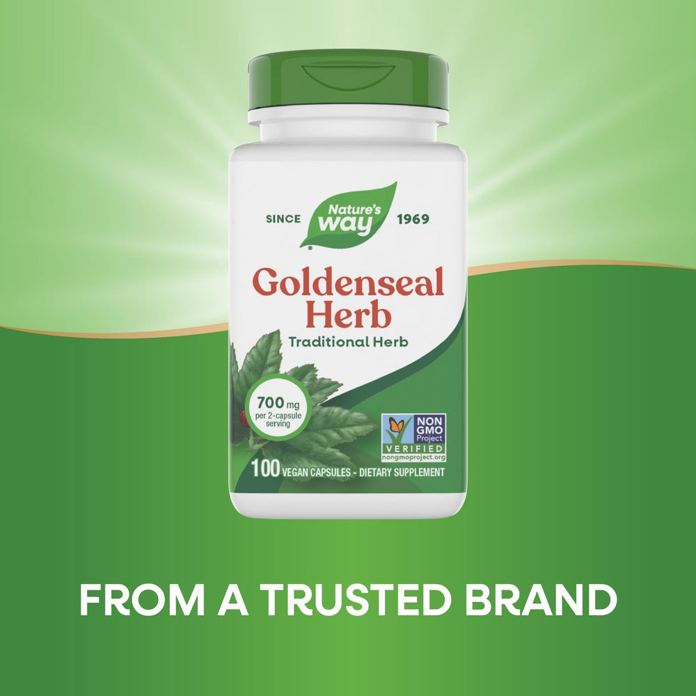 Nature's Way Goldenseal dosage scene suggests taking capsules with meals