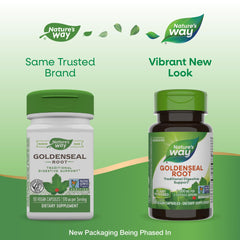 Close-up of Nature's Way Goldenseal Root capsules highlighting berberine content.