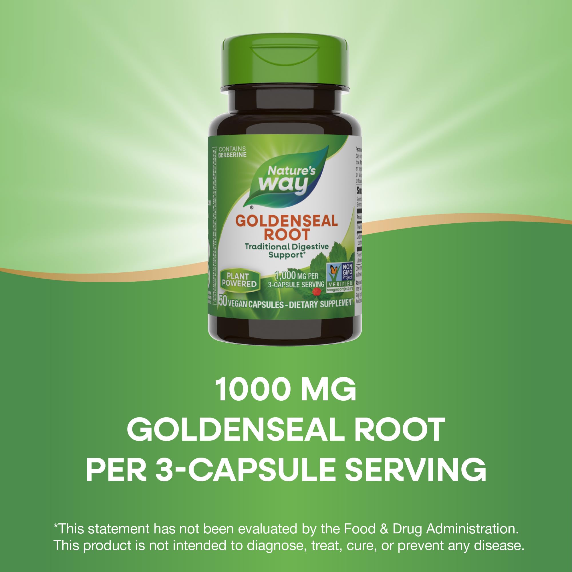 Packaging view of Nature's Way Goldenseal Root showcasing non-GMO and purity.