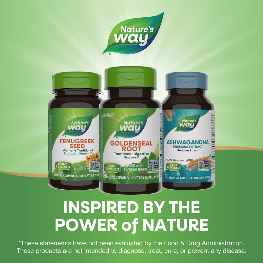 USA-bottled Nature's Way Goldenseal Root with testing badge.