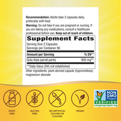 Nature's Way Gotu Kola capsules shown, gluten-free and vegan