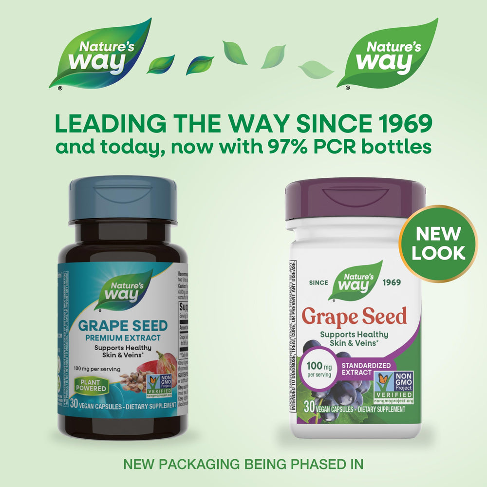 Nature's Way grape seed extract capsules arranged to show vegan and non-GMO features