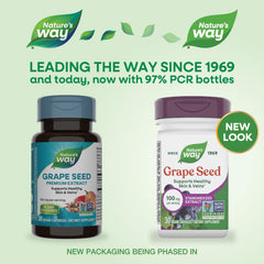 Nature's Way grape seed extract capsules arranged to show vegan and non-GMO features