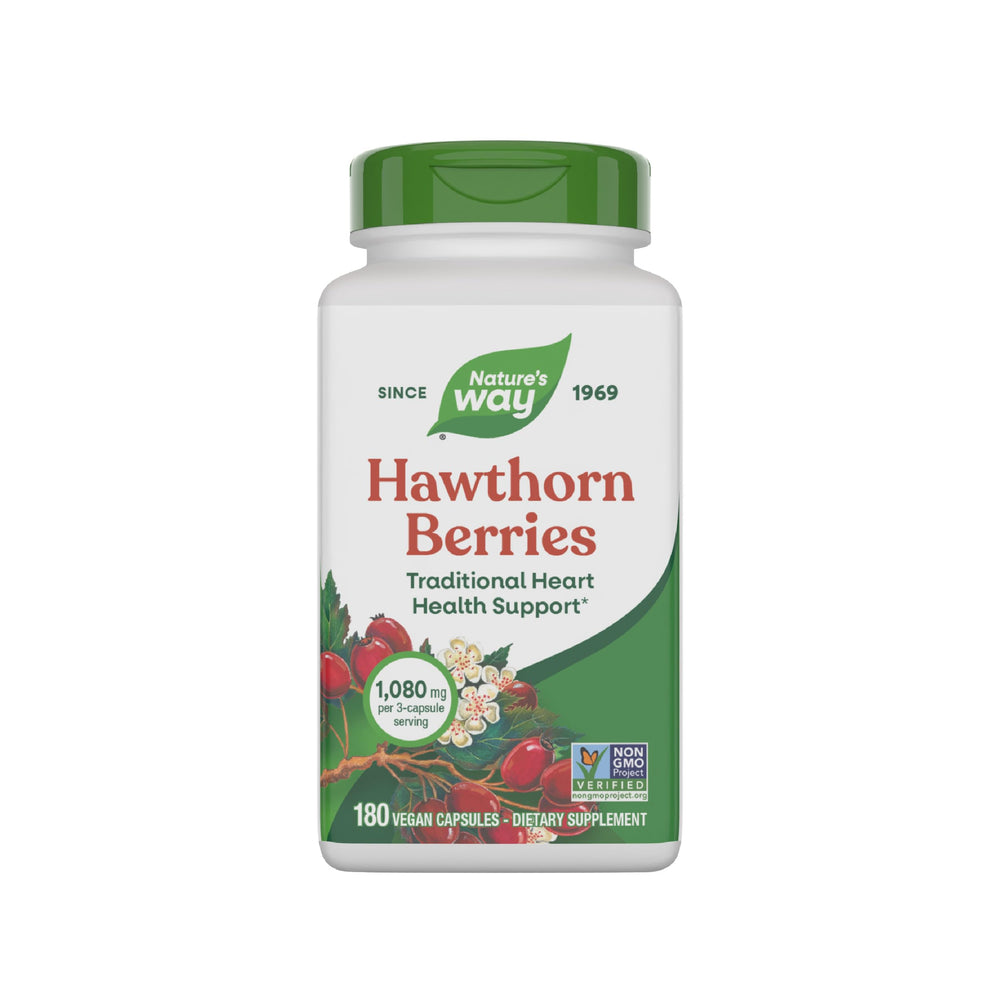 Nature's Way Hawthorn Berries bottle with vegan capsules for heart-support potential